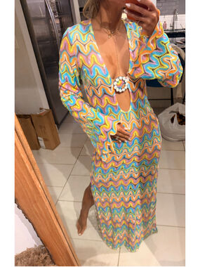 Chevron print knit crochet Maxi Dress Size S Multicolor beaded beach club dress